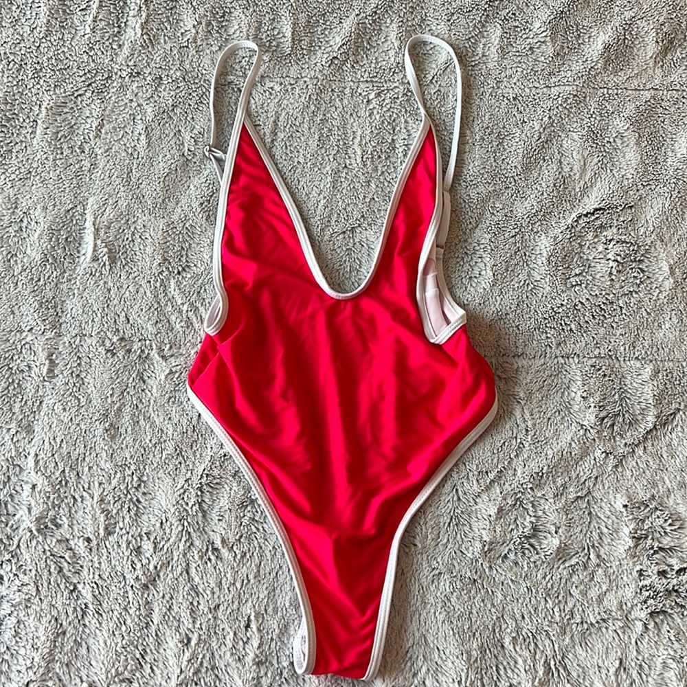 Sexy Red with white piping thong one-piece size S